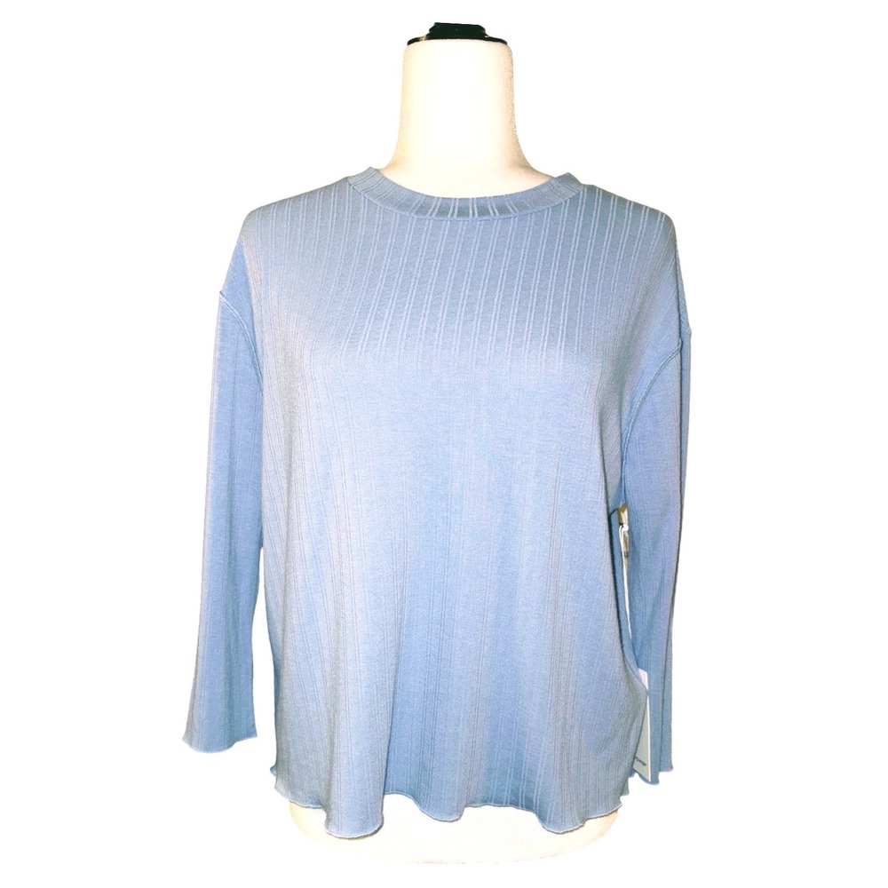 NWT Dear John Ribbed Lettuce Edge Crew Neck Top Skyway Blue Women's Size Small